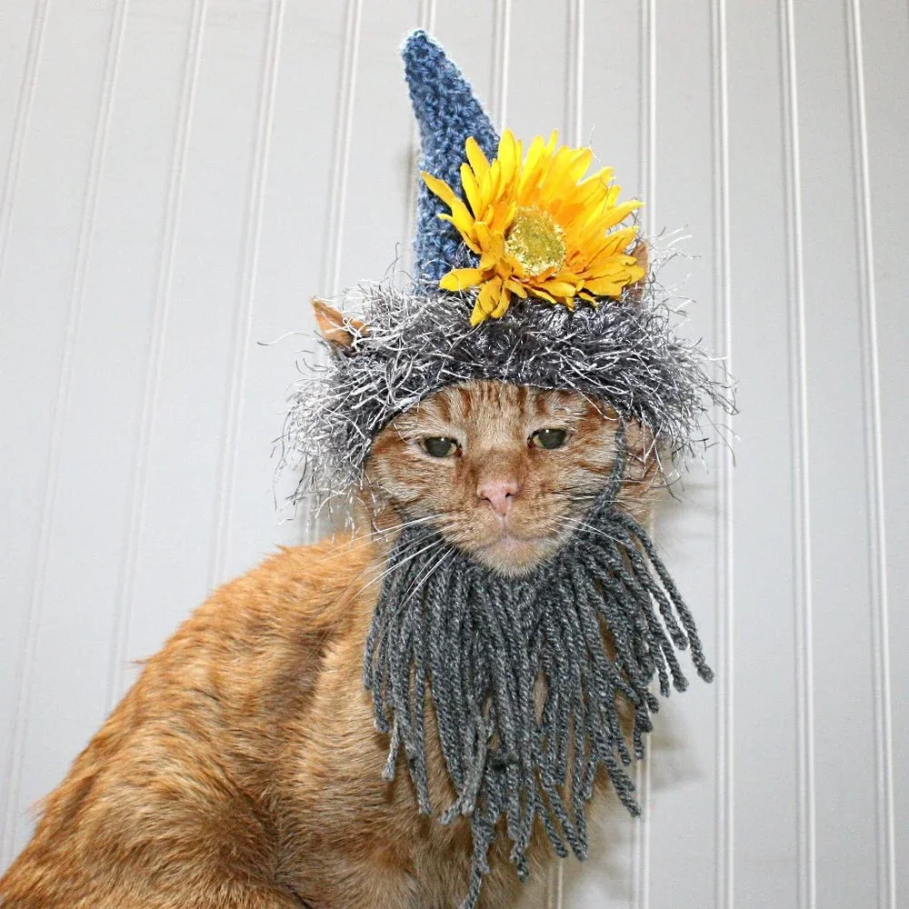 HAND CRAFTED Cat Hat Crochet Garden Gnome Wig Beard Costume Photo Prop